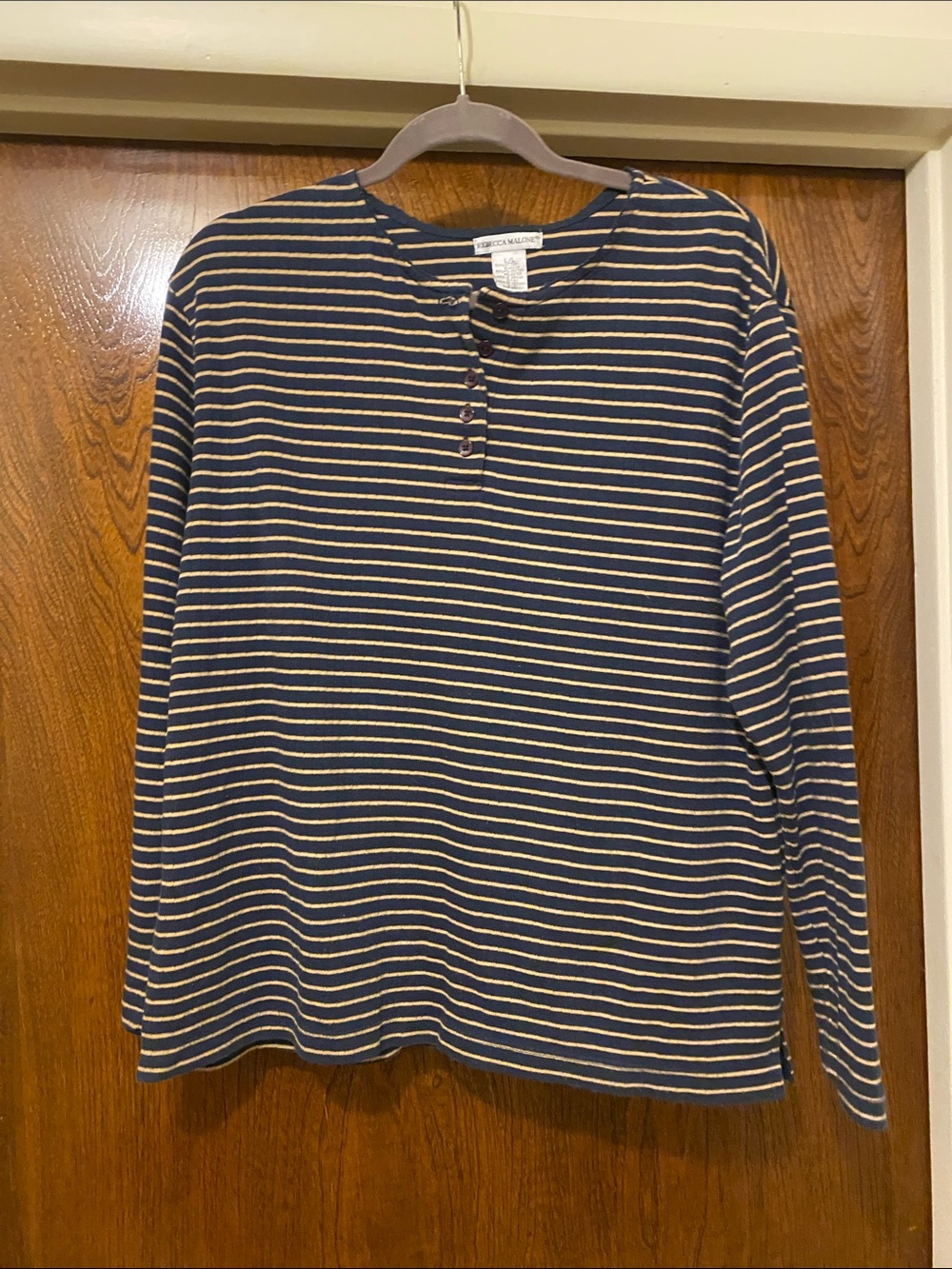 Rebecca Malone Navy and Cream Striped Henley Crewneck Sweater